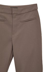 Pantalons en tissu extensible marron avec une taille plate, deux poches latérales et une finition lisse. Design ajusté avec une taille mi-haute.