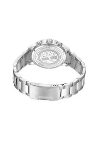 Orologio in acciaio inossidabile con tono argento, presenta una fibbia incisa con logo e un fondello con un design a forma di albero. Resistente all'acqua.