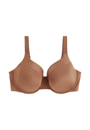 Brown underwire bra made of smooth fabric, featuring molded cups, adjustable straps, and a seamless design for comfort.