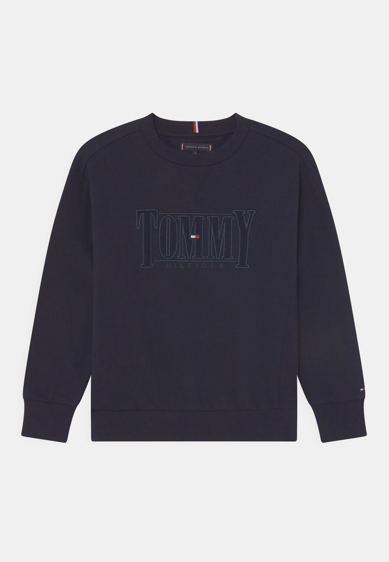Mörkblå sweatshirt tillverkad av bomull, med en strukturerad "TOMMY HILFIGER"-logga i mörkblått, ribbade muddar och rund halsringning.
