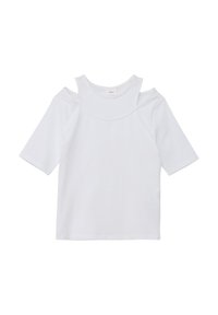Weißes Kurzarm-T-Shirt mit offenem Schulterdesign, aus weicher Baumwolle. Hat einen runden Ausschnitt und eine glatte Textur.