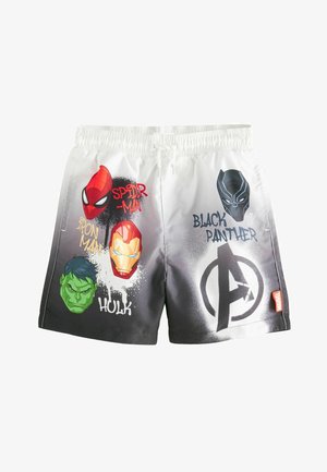 Kratke kopalne hlače iz lahkega materiala z gradientnim dizajnom, natisnjenimi obrazi superjunakov (Spider-Man, Iron Man, Hulk, Črni panter) in logotipom.