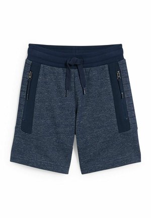 Herren-Shorts in Marineblau, gefertigt aus einem strukturierten Strickstoff, mit seitlichen Reißverschlusstaschen und einem Kordelzugbund für eine verstellbare Passform.