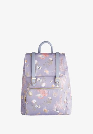 Purple backpack featuring a marine-themed pattern with shells and coral. It has a top handle, adjustable straps, and a front zip pocket.