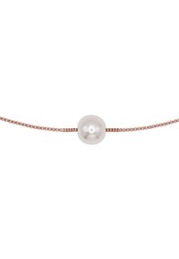 Roze gouden metalen ketting met een enkele ronde parel in het midden, een gladde oppervlakte en een delicate, fijne schakelontwerp.