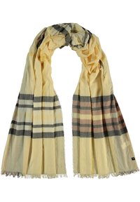 Bufanda amarilla con rayas grises, marrones y crema. Confeccionada en un tejido suave con un acabado texturizado y bordes deshilachados.