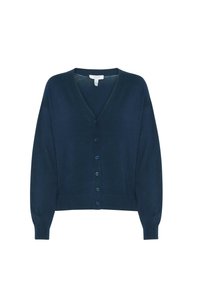 Cardigan blu navy in morbido tessuto a maglia, con scollo a V, sette bottoni sul davanti e polsini e orlo a costine.
