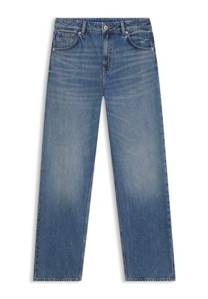 Light blue denim jeans with a straight fit, five pockets, and subtle fading. Features a standard waistband and contrasting stitching.