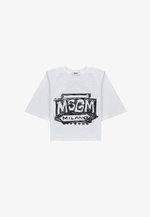 T-shirt bianca corta con ampie maniche corte, con logo MSGM Milano in stile schizzo nero al centro davanti.