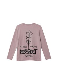 Lange mouw roze shirt van katoen, met een zwarte bloemenafbeelding en de woorden "BLOEMVRIENDEN" en "RESPECTEER DE NATUUR" afgedrukt eronder.