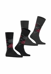 Schwarze und dunkelgraue Socken mit einem Argyle-Muster in Rot, Grau und Schwarz. Aus gestricktem Material mit klassischem Crew-Längen-Design.