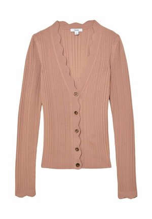 Cardigan cu mâneci lungi, cu dungi, într-o nuanță pastelată delicată de roz. Prezintă un decolteu în V cu margini ondulate, cinci nasturi maro pe partea din față și un finisaj texturat.