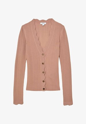 Bordázott, hosszú ujjú kardigán puha pasztell rózsaszínben. Hullámos V-nyakkal, öt barna gombbal az elején és texturált kivitelben.