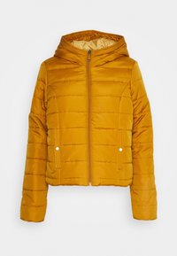 Kürzjacke mit Kapuze in Senfgelb, aus gestepptem Material mit horizontalen Streifen; Frontreißverschluss und zwei seitlichen Druckknopftaschen.