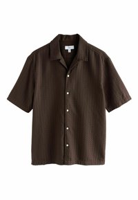 Brown short-sleeve shirt with a textured fabric, open collar, and six white buttons down the front. Casual fit with a relaxed design.