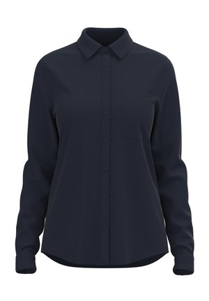 Chemise boutonnière bleu marine en tissu lisse, avec un col classique, des manches longues et une poche poitrine.