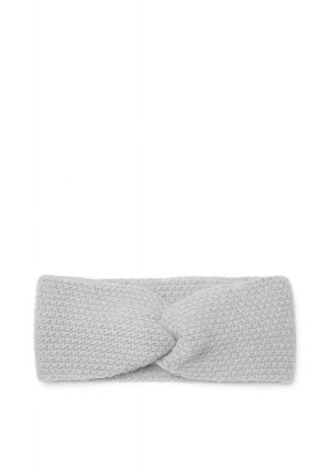 Soft light gray knitted headband with a twisted knot design at the center, displayed on a white background.