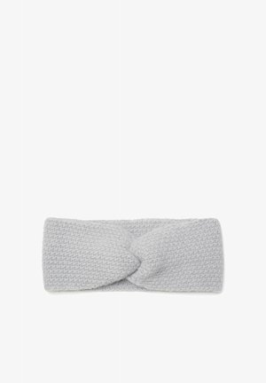 Soft light gray knitted headband with a twisted knot design at the center, displayed on a white background.