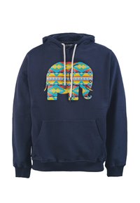 Marineblauwe hoodie met een kleurrijke olifantafbeelding die geometrische patronen in blauw, geel, rood en groen toont; inclusief een voork pocket en aantrekkoorden.
