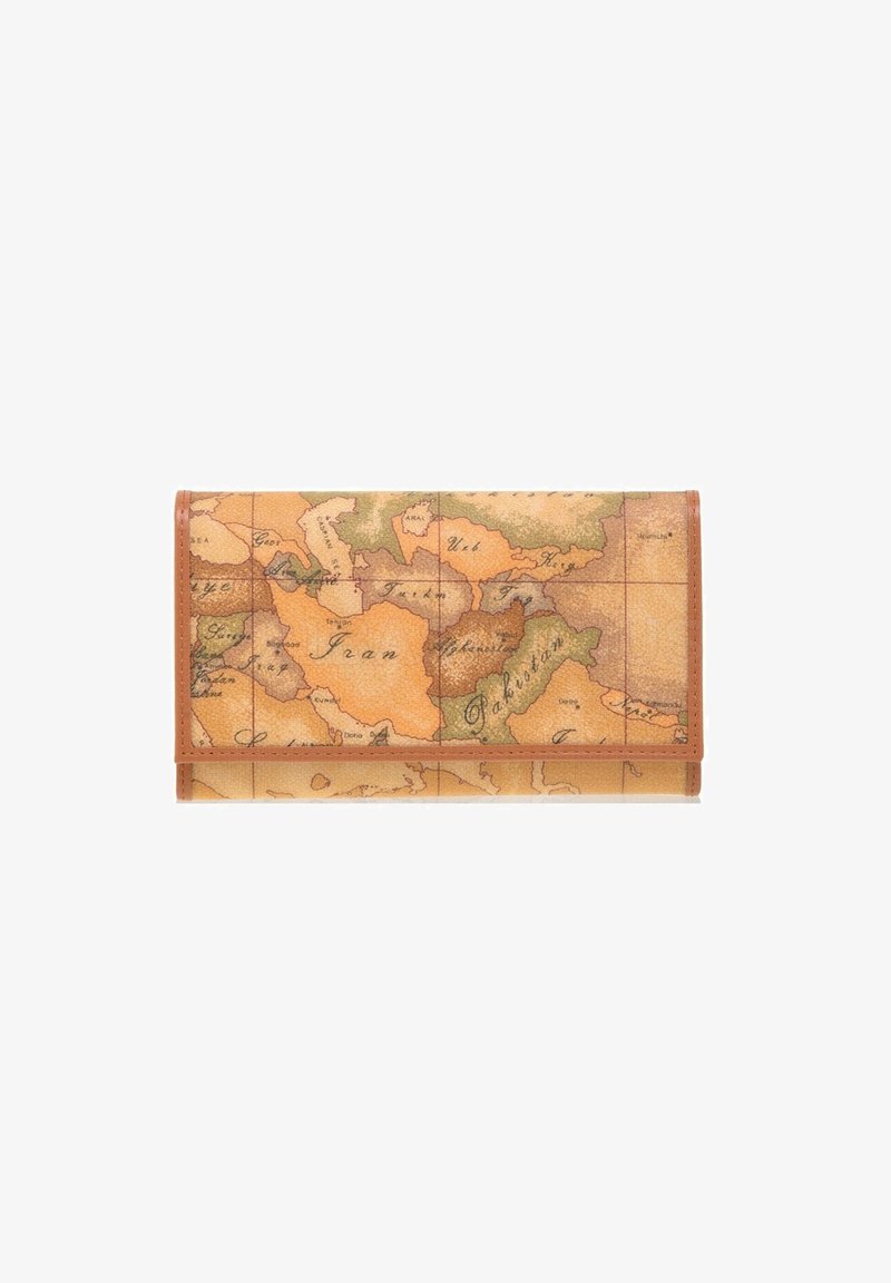 Portafoglio documenti con design di mappa vintage, caratterizzato da una finitura in similpelle marrone-arancione e superficie testurizzata. Piegato con forma rettangolare.
