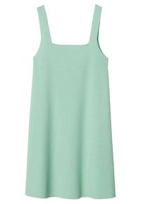 Robe sans manches vert clair avec encolure carrée, fabriquée dans un tissu doux, présentant une silhouette A-line ample et sans motifs ni accents visibles.