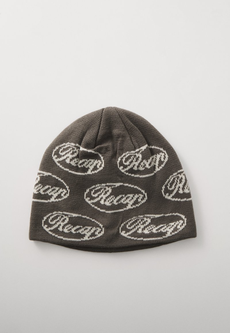 Brown knit beanie featuring repeated oval logos in white. The material is soft with a snug fit, suitable for cold weather.