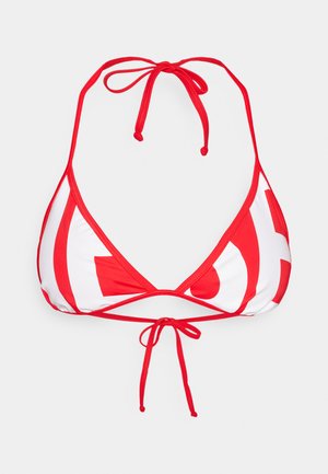 Roter und weißer Bikini-Oberteil in dreieckiger Form. Es verfügt über dicke rote Träger und einen Bindeband hinten, gestaltet mit kräftigen Streifenmustern.