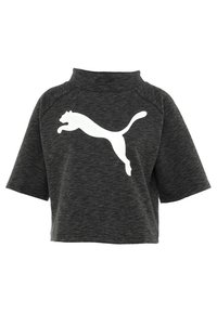 Szara krótka koszulka z miękkiego materiału, z wysokim kołnierzem i krótkimi rękawami. Białe logo Puma nadrukowane z przodu.