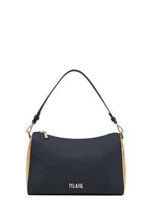 Sort håndtaske med beige sider, gyldent lynlås og spænder, enkelt rem og "T CLASSE" logo centralt placeret nederst foran.