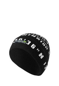 Black knit beanie featuring white text and patterns. Text includes "POLAREXP," "CAMP DAVID," and geographic coordinates. Ribbed texture.