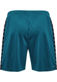 Teal sportshorts med elastisk midja, med svarta vertikala ränder längs sidorna och en slät syntetisk tygtextur.