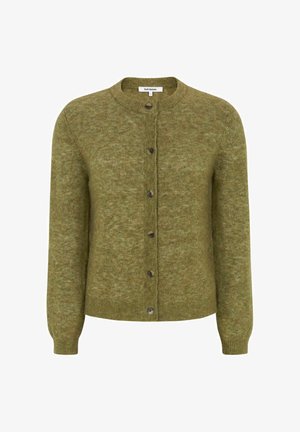 Zeleni kardigan od vune s okruglim izrezom, dugim rukavima i kopčanjem na gumbe sprijeda. Teksturirani materijal s blagim varijacijama.