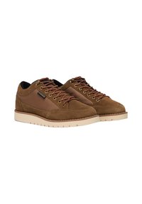 Brązowe zamszowe i siateczkowe sneakersy z brązowymi sznurówkami i złotymi oczkami, z kremową gumową podeszwą zewnętrzną i teksturowanymi detalami po bokach.