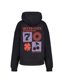 Black hoodie with a spacious hood, featuring large retro-style graphics in red and purple, including symbols like a four-leaf clover and cherries.