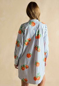 Gestreiftes Hemdblusenkleid in Blau und Weiß mit orangefarbenem Obstdruck, langen Ärmeln, geknöpften Manschetten und einem lässigen Schnitt. Die Rückansicht zeigt den Kragen.