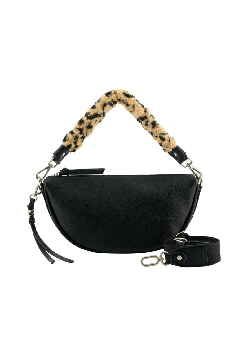 Sac à main noir en forme de demi-lune avec une poignée en fourrure imprimée léopard et une bandoulière noire amovible.