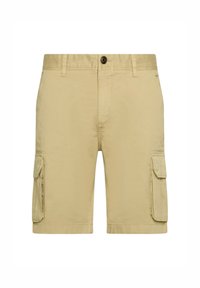 Pantaloni cargo color khaki con zip e chiusura a bottone, dotati di due tasche laterali con patta e un tessuto di cotone liscio e resistente.