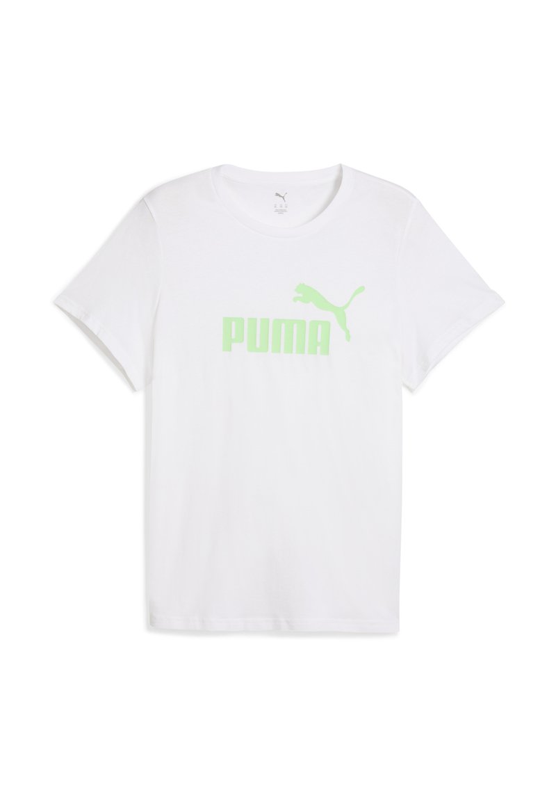 Bílý bavlněný tričko s velkým zeleným logem PUMA a grafikou skákajícího pumy na přední straně. Krátké rukávy, kulatý výstřih.