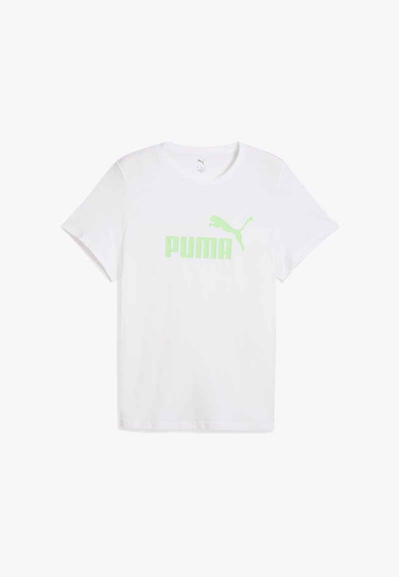 Valge puuvillane T-särk, mille ees on suur roheline PUMA logo ja hüppava puuma graafika. Lühikesed varrukad, ümmargune kaelusekujundus.