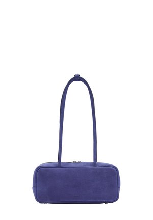 Purple suede shoulder bag with a rectangular shape, dual handles, and a zip closure. Smooth texture and minimalistic design.