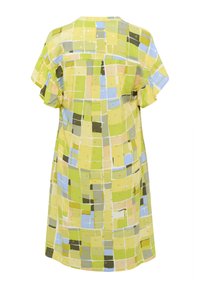 Kratkām piedurknēm kleita vieglā audumā, kurai ir daudzkrāsains režģa raksts ar zaļām, dzeltenām un zilām krāsām, ar viļņveida piedurknēm un brīvu siluetu.