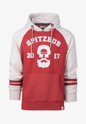 Red and white hoodie with a front pocket, featuring a skull graphic and "SPITZBUB" text. Ribbed cuffs with stripes accent the sleeves.