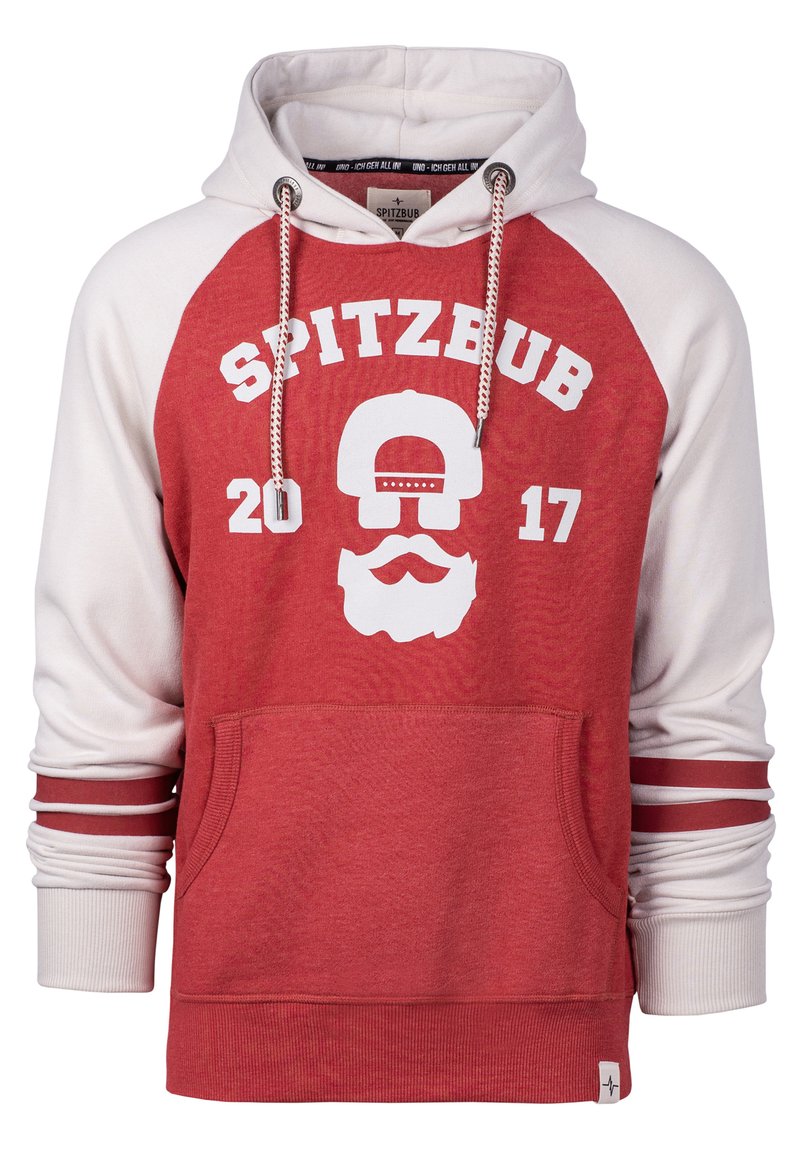 Rode en witte hoodie met een voork pocket, met een doodskopafbeelding en de tekst "SPITZBUB". Geribbelde manchetten met strepen accentueren de mouwen.