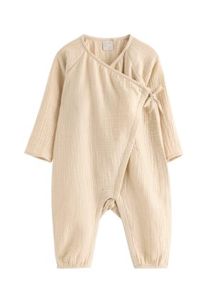Beige langærmet babydragt med omslagsforside, der er sikret med sidebind, tekstureret stof og elastiske manchetter ved anklerne.