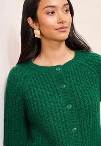 Zelený pletený cardigan s ribovanou strukturou, kulatým výstřihem a šesti odpovídajícími knoflíky. Modelka nosí zlaté výrazné náušnice.