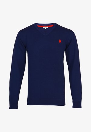 Pull à col en V bleu marine à manches longues avec un petit logo rouge brodé sur le côté gauche de la poitrine.