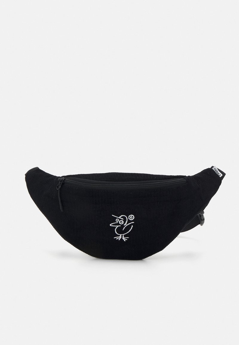 Svart corduroy bærenett med rund form, glidelås og hvit brodert fugledesign på forsiden. Justerbar stropp inkludert.