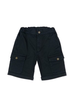 Zwarte cargo shorts tot op de knie met elastische taille, voorste knoop, twee voorzakken en twee klepzakken met decoratieve knopen.