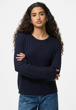 Maglione blu navy a trecce con maniche lunghe e scollatura rotonda, caratterizzato da motivi testurizzati e vestibilità rilassata.