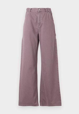 Wide-leg pants in dusty mauve cotton, featuring a front button closure, side pockets, and stitched detailing along the seams.